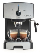 Front facing view of EC50 espresso machine in black with silver panel featuring dial for power, steam, and espresso brewing.