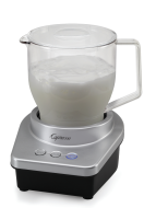 Front facing view of milk frother with clear colored pitcher of milk being frothed. Silver base of machine features three temperature options for frothing.
