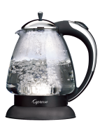 Front facing view of glass hot water kettle featuring chrome lid on top and chrome/black handle on right side of machine.