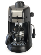 Front facing view of 4 cup espresso machine in black with silver panel on the lid featuring glass carafe.