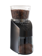 Front facing view of conical burr grinder with black base and clear lid.