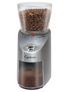 Front facing view of infinity burr grinder with stainless steel base and clear bean container filled with beans.