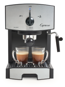 Front facing view of EC50 espresso machine in black with silver panel featuring dial for power, steam, and espresso brewing.
