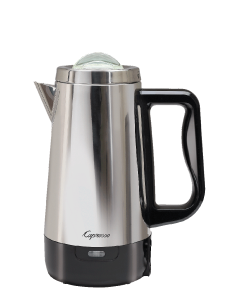 Front facing view of 8 cup stainless steel percolator with black handle.