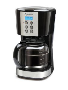 Front right facing view of black 12 cup coffee maker with digital clock. Glass carafe filled with coffee.