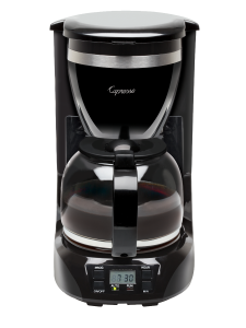 Front facing view of 12 cup drip coffee maker in black with 12 cup glass carafe. Base of machine features digital clock and programming buttons for cups, time, and power.