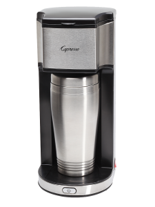 Front facing view of on-the-go travel mug coffee maker in silver featuring power button on base of machine.