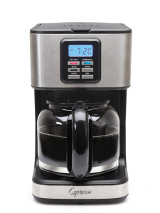 Front facing view of 12 cup drip coffee maker in stainless steel, showcasing digital clock display and glass 12 cup carafe.