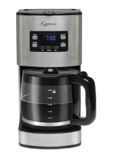 Front facing view of silver 12 cup coffee maker showcasing digital clock display with programming buttons and glass carafe on hot plate. 
