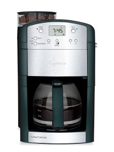 Front facing view of 10 cup semi automatic coffee machine in silver with black panels featuring clear bean container, bean grinder, and digital clock display with 10 cup glass carafe and hot plate.