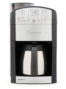 Front facing view of 10 cup semi automatic coffee machine in silver with black panels featuring clear bean container, bean grinder, and digital clock display with 10 cup stainless steel carafe.
