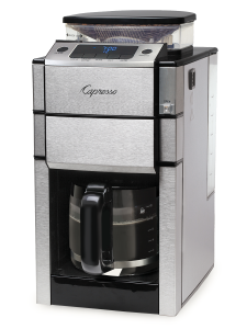 Front right facing view of silver coffee machine featuring a bean to cup grinder and hot plate with 12 cup glass carafe. Display features digital clock and options for ground coffee, oily beans, and adjustable cup button.