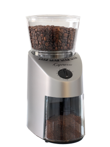 Front facing view of conical burr grinder with silver base and clear lid.
