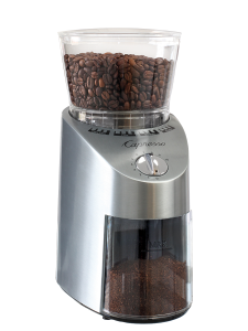 Front facing view of conical burr grinder with stainless steel base and clear lid.